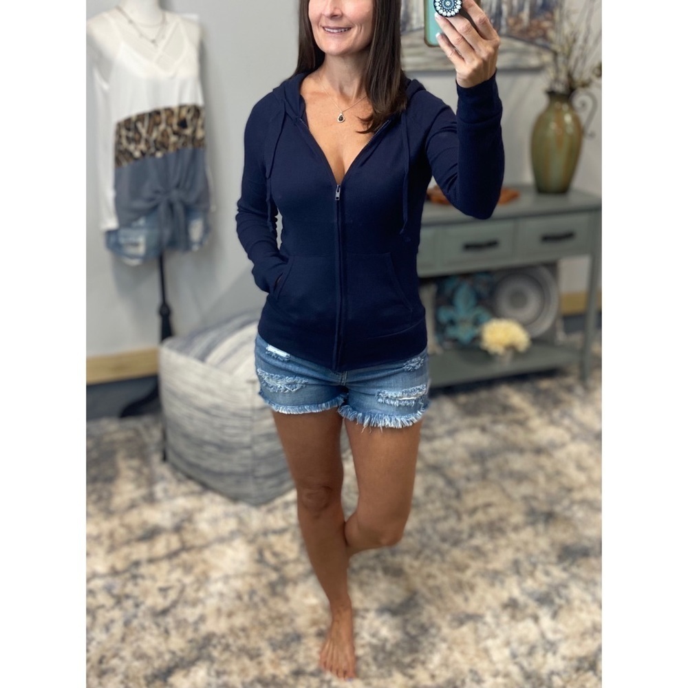❤️‍🔥Waffle Thermal Zip Up Drawstring Pocket Hoodie Navy Blue 4421 - Picture 5 of 7
